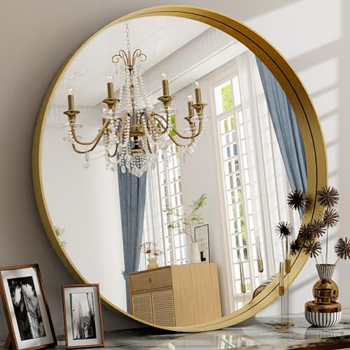 30 Inch Round Bathroom Mirror - Wall Mounted Circle Mirror with Metal Frame, Modern Mirror Suitable for Bathroom, Vanity, Entryway, Living Room, Wall Decor,Gold - color: Gold, size: 30"L x 30"W