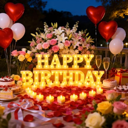 Happy Birthday Light up Letters, Include Tea Lights Candles, Latex Balloons, Aluminum Balloons and Rose Petals, Special Festival, Surprise Gifts for Women and Men - color: Happy Birthday