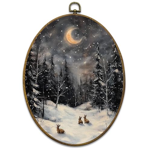 Mcehtle Winter Magical Forest Wall Art Decor, Rustic Winter Framed Canvas Prints 8.6x11.4, Snowy Cottagecore Wildlife Bunny Oval Wall Hanging Artwork Decorations for Home Bedroom Living Room - color: Colour 09