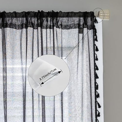 Black Sheer Curtains 63 inch Long, Fringed Edges and Textured Semi Sheer Curtains Large Window Treatments for Living Room/Bedroom, 2 Panels - color: Black, size: 52"W x 63"L (Pack of 2)