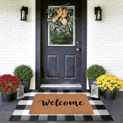 2-Piece Front Door Mat Set, Coir Welcome Mat & Black White Plaid Mat - color: Black and White