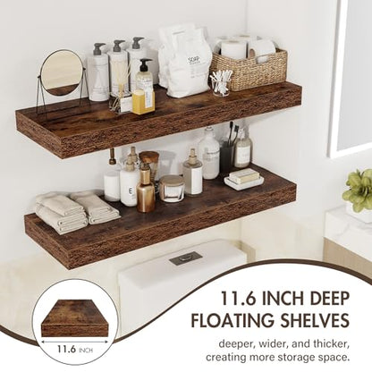 Acovy 55 Inch Floating Shelves, 12" Deep Floating Shelf Wall Mounted, 55" Wall Shelves, Rustic Deep Bookshelf, Extra Deeper & Thicker Display Shelves for Bedroom, Living Room, Set of 1 - color: Brown, size: 12"Wx55"L-1pc