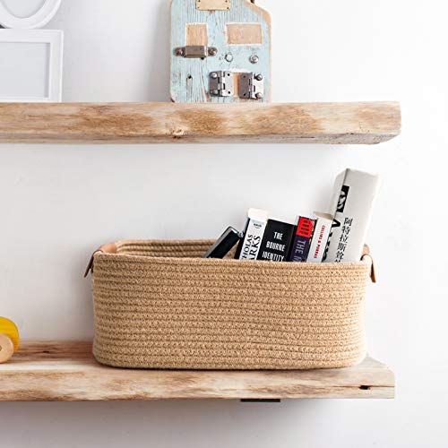 CHICVITA Large Woven Rope Gift Basket with Leather Handles, 20L, Jute - color: Jute, size: 14.5 x 13 x 6 Inch