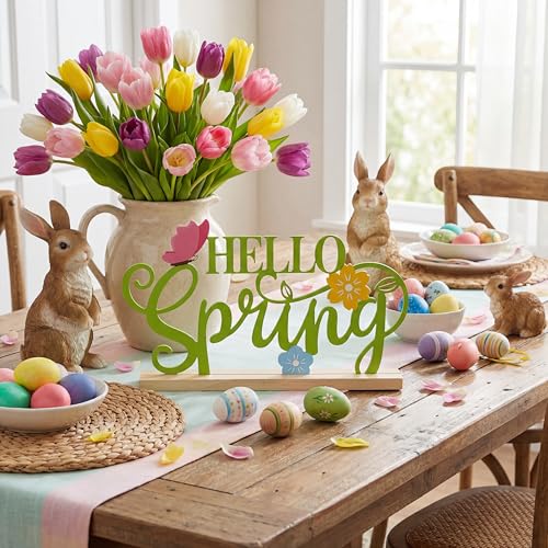 Roowest Metal Hello Spring Table Decor Sign with Wooden Base - style: Spring