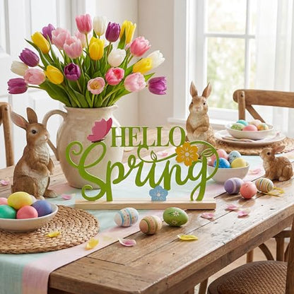 Roowest Metal Hello Spring Table Decor Sign with Wooden Base - style: Spring