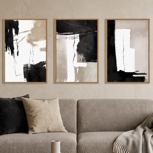 Celestdeco Abstract Black White Brown Framed Canvas Wall Art Set-24"x36"x3 - color: Black and Brown Wall Art, size: 24"L x 36"W