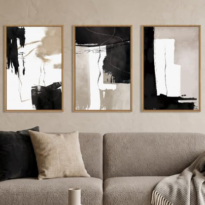 Celestdeco Abstract Black White Brown Framed Canvas Wall Art Set-24"x36"x3 - color: Black and Brown Wall Art, size: 24"L x 36"W