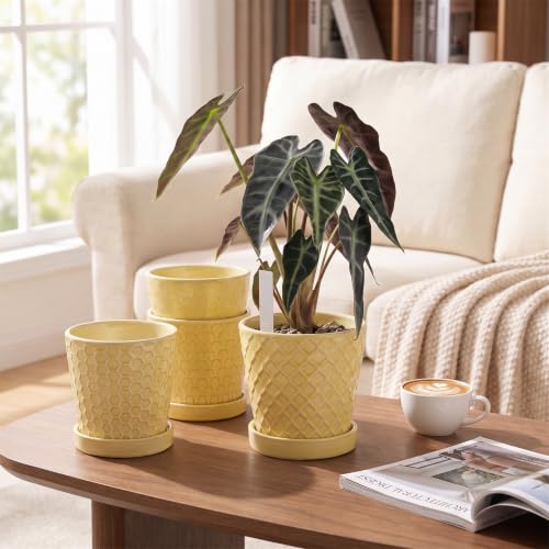 EFISPSS Ceramic Plant Pots, 5 Inch Planters with Drainage Holes and Ceramic Tray, Relief Design Flower Planter, Desktop Office Windowsill Decoration Gift Set of 4 - Lemon Yellow - color: Lemon Yellow
