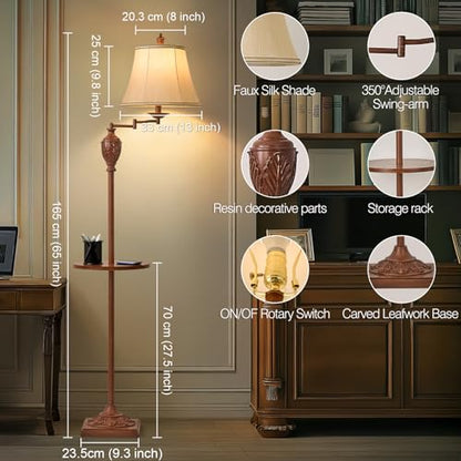 Traditional Floor Lamp with Tray, Remote Dimmable,350° Swing Arm and Walnut - color: Walnut-2