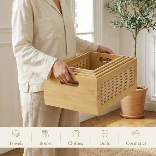 Rattan Wooden Box Set of 4 Handmade Decorative Storage Basket with Handles - color: Natural Tan, size: 4 Set - Multiple Sizes