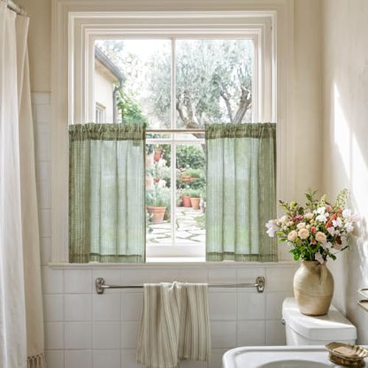 jinchan Linen Striped Tier Curtains for Kitchen Windows Boho - color: Boho Sage Green | on Beige, size: 26"W x 24"L (Pack of 2)