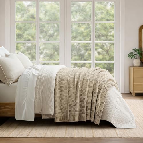 EVERGRACEHOME Modern Checkered Chenille Throw Blanket, 60x80, Sand Dune - color: Sand Dune, size: 60" X 80"