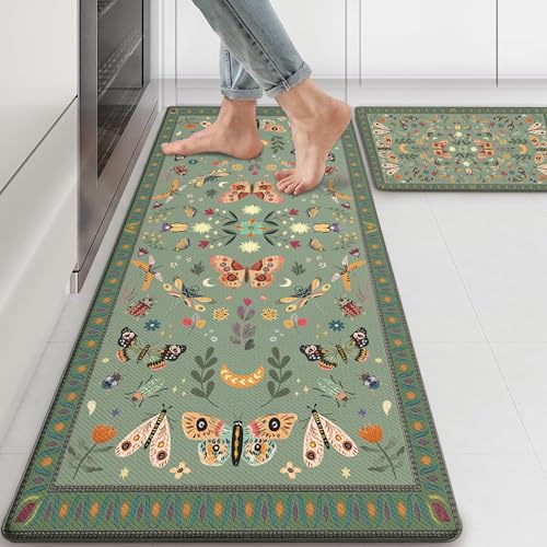 Anti Fatigue Mats for Kitchen Floor Green Kitchen Rugs Sets of 2 Bug Insect Butterfly Non Slip Cushioned Waterproof Comfort Memory Foam Standing Floor Mat for Office Laundry Sink Desk - color: Insect, size: 46"Lx17"W+29"Lx17"W-0.3"H