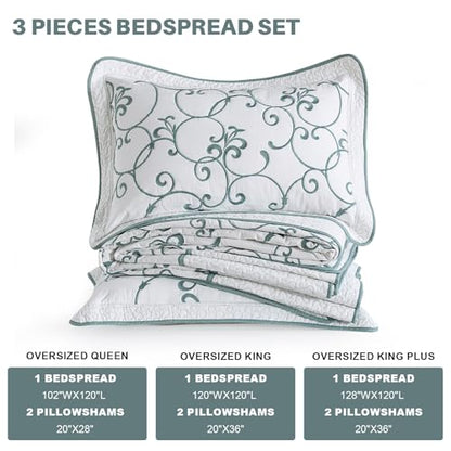 Oversized King Bedspread 120"x120" - 100% Cotton California King Quilt, Embroidered Bedspread Coverlet with Pillow Shams, Lightweight Quilted Bedding Set 3 Piece, Aqua Blue/White - color: White/Aqua Blue(turquoise), size: King/Cal King(120"x120")