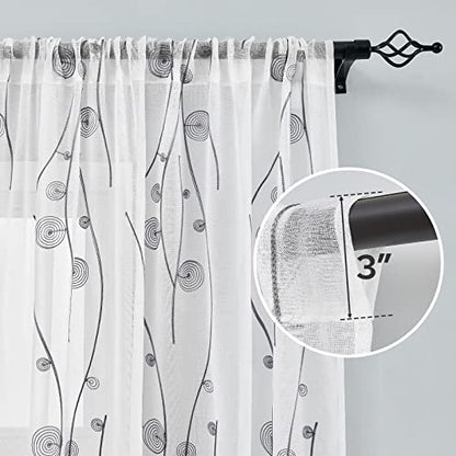 HOMEIDEAS Grey and White Sheer Curtains 52 X 63 Inches Length 2 Panels Embroidered Wave Line with Spiral Pattern Pocket Faux Linen Semi Sheer Voile Window Curtains/Drapes for Bedroom Living Room - color: Grey and White, size: 52"W x 63"L (Pack of 2)