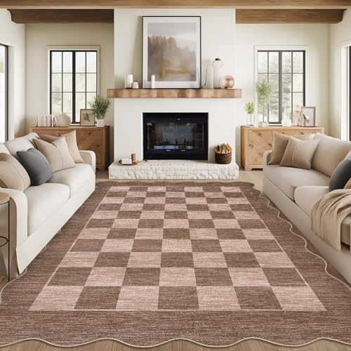 Garvee 9x12 Washable Rugs for Living Room Checkered Scalloped Rug, Brown - color: Scalloped - Brown, size: 9' x 12' (Rectangular)