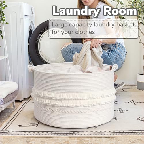 CherryNow 90L Large Woven Rope Blanket Basket with Tassel, 22" x 14", White - color: Off-white, size: 83L (22"W x 14"H)