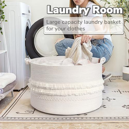 CherryNow 90L Large Woven Rope Blanket Basket with Tassel, 22" x 14", White - color: Off-white, size: 83L (22"W x 14"H)