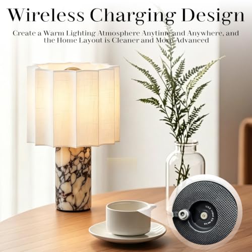 Marble Touch Table Lamp USB Rechargeable Cordless Bedroom Bedside Small Glow Night Light Stone Base and Linen Fabric Shades - color: Rice White