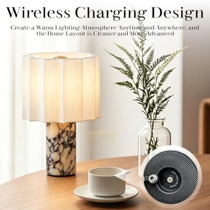 Marble Touch Table Lamp USB Rechargeable Cordless Bedroom Bedside Small Glow Night Light Stone Base and Linen Fabric Shades - color: Rice White