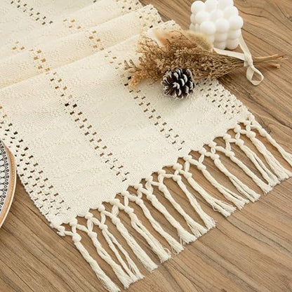 Boho Cream Table Runner, 12x36 Inches - color: Cream, size: 12" x 36"