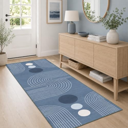 Boho Runner Rug 2x6,Blue Geometric Modern Washable Non-Slip Hallway Rug - color: Dusty Blue, size: 6' x 2' (Rectangular)