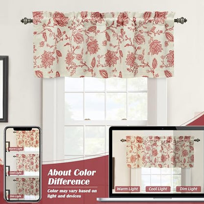 DriftAway Freda Jacobean Floral Linen Blend Blackout Thermal Insulated Energy Saving Privacy Window Linen Curtain Valance Rod Pocket 2 Layers Single 52 Inch by 14 Inch Plus 2 Inch Header Red Beige - color: Red, size: 52"W x 14"L (Pack of 1)