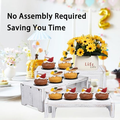 3-Tier Wooden Cupcake Stand & Display Risers, Multi-Tier Display Stand for Food, Desserts, & Collections - color: White