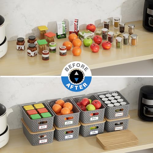Anysig 8 Pack Plastic Storage Bins with Bamboo Lids, 5.2 QT Stackable Bins - color: Gray
