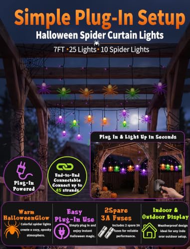 7FT Halloween Spider Curtain String Lights Plug-in 25 LED Decor - color: Spider Curtain Lights