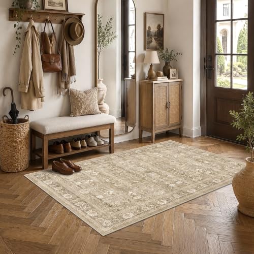 4x6 Washable Bedroom Area Rug Non-Slip Vintage Khaki Throw Carpet - color: Accent | Beige Khaki, size: 4' x 6' (Rectangular)