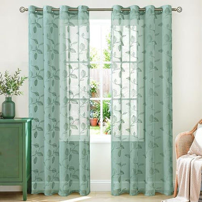 BGment Dark Green Leaf Sheer Curtains 84 Inches Long Living Room 2 Panels - color: Dark Green-leaf, size: 52"W x 84"L (Pack of 2)