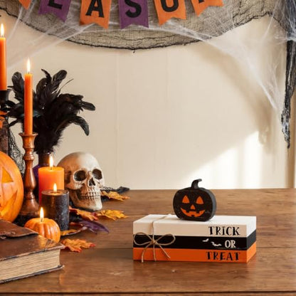 Smile Happy Halloween Wooden Stack Pumpkin Mini Faux Books Bundle - style: Ghost Pumpkin
