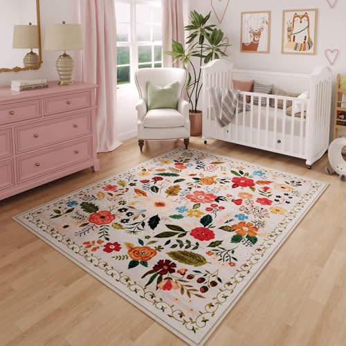 Rugcomf Area Rug 4x6 Rug Washable Boho Rugs Non Slip Low Pile Floral Small Carpet for Bedroom, Bedside, Kids Room, Office, Dining Room(Beige) - color: Beige, size: 4' x 6' (Rectangular)