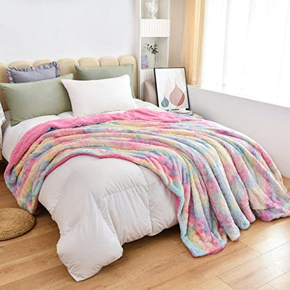 NEWCOSPLAY Faux Fur Sherpa Queen Blanket for Couch, Light Rainbow, 90"x90" - color: Light Rainbow, size: Queen(90"x90")