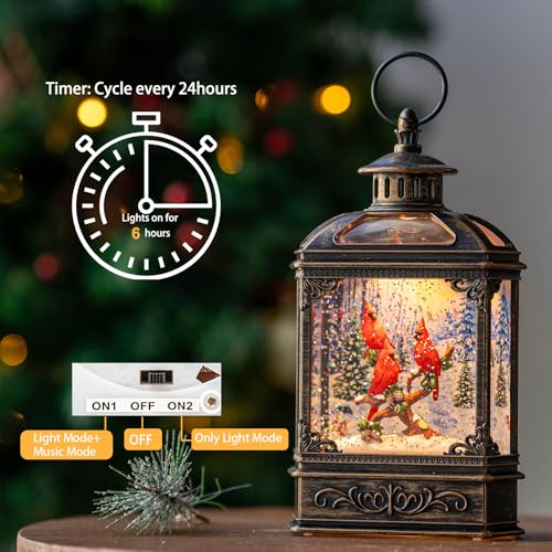 Christmas Snow Globe Lantern 3 Cardinal Perched on a Branch Musical Snow Globe with Swirling Glitter, Christmas Holiday Party Gifts and Decorations - color: 10.1'' Cardinals