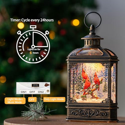 Christmas Snow Globe Lantern 3 Cardinal Perched on a Branch Musical Snow Globe with Swirling Glitter, Christmas Holiday Party Gifts and Decorations - color: 10.1'' Cardinals