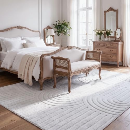 High-Low Pile Washable 8x10 Area Rug, Cream Neutral Arch Textured Soft Large Rug, Non-Slip Stain Resistant Rug for Living Room Bedroom Dining Room, Under Table Rug - color: High-low Pile Curved Off-white Rug, size: 8' x 10' (Rectangular)