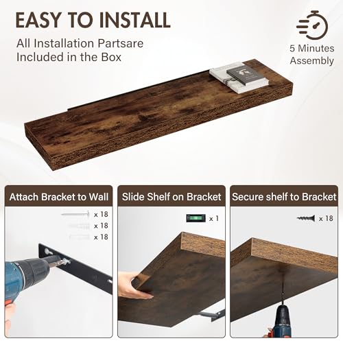 Acovy 48 Inch Floating Shelves, 12" Deep Floating Shelf Wall Mounted, 48" Wall Shelves, Rustic Deep Bookshelf, Extra Deeper & Thicker Display Shelves for Bedroom, Living Room, Brown, Set of 2 - color: Brown, size: 12"Wx48"L-2pcs