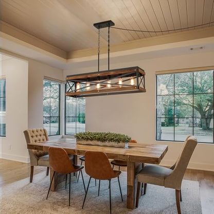 Rustic Farmhouse Plug in Kitchen Island Lighting, 6 Lights Rectangular Pendant Light Fixture with Adjustable Chain, Dimmable Switch, Oak Wood and Metal Linear Chandelier for Dining Room Home, Black - size: Large 6-Light Hanging Lamp