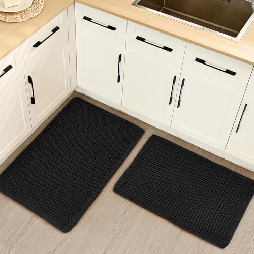 Luxury Waffle Bath Mat, Super Absorbent Non Slip Bathroom Rugs, Boho Ultra Soft Comfort Machine Washable Quick Dry Floor Mats with Tassels (Black, 17" x 24" + 20" x 30") - color: Black, size: 17" X 24" + 20" X 30"