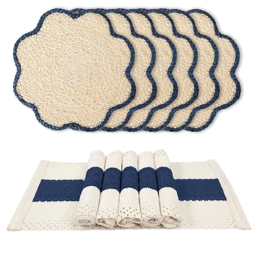 6pc Sunflower Rattan Placemat Set, Woven Boho Table Mats，Blue - color: Blue-set of 6