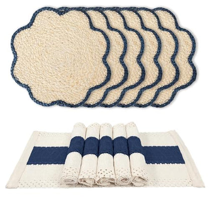 6pc Sunflower Rattan Placemat Set, Woven Boho Table Mats，Blue - color: Blue-set of 6
