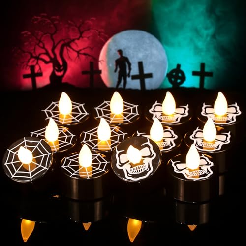 GenSwin Skull Spiderweb Halloween Flameless Candles Battery Operated Timer - color: 12-Black