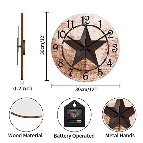 Round Farmhouse Wall Clock Western Texas Star Classic Style Wood Clock Quiet Non-Ticking Battery Operated with Large Numbers Retro Wall Hanging Desk Clock for Living Room Home Home 12 Inch - color: Style-3, size: 12in