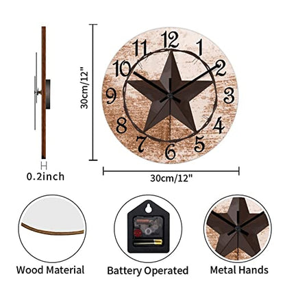 Round Farmhouse Wall Clock Western Texas Star Classic Style Wood Clock Quiet Non-Ticking Battery Operated with Large Numbers Retro Wall Hanging Desk Clock for Living Room Home Home 12 Inch - color: Style-3, size: 12in