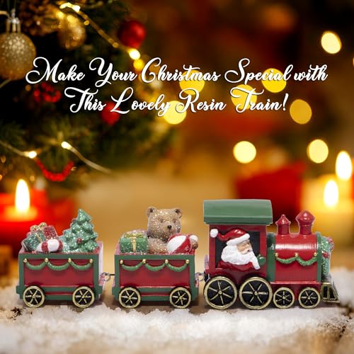Hodao Christmas Train Decorations – Hand-Painted Resin Santa Claus Gift Train with Teddy Bear, Christmas Tree and Presents, Festive Ornament for Home, Tabletop, Shelf, Mantel, Décor