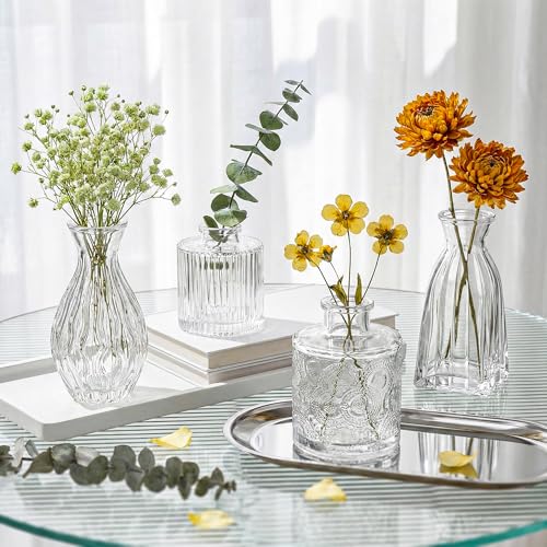 Glass Bud Vases, 4 Pcs Small Flower Vase for Party Table Mini Decorations