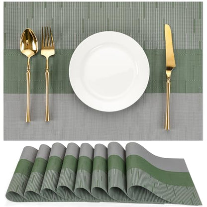 Placemats Set of 8, Vinyl Woven Heat-Resistant Place Mats - color: Gray Sage Green, size: Set of 8