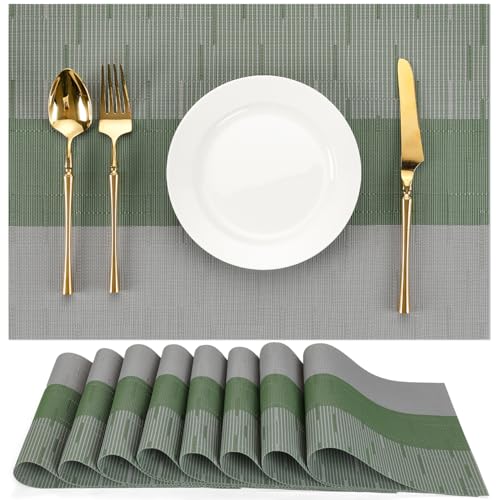 Placemats Set of 8, Vinyl Woven Heat-Resistant Place Mats - color: Gray Sage Green, size: Set of 8